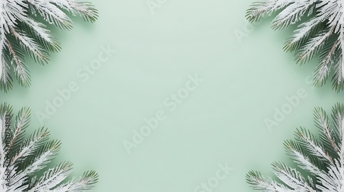 Abstract background with pine tree leaves on borders of light green screen, with free copy space for text or advertisement