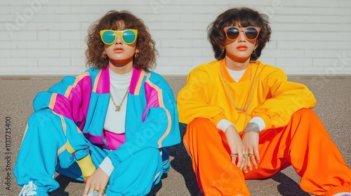 Two young people dressed in vibrant 90s fashion sitting outdoors. Wear colorful tracksuits bright colors, sunglasses. Outdoor setting suggests sunny day. Trendy outfits reflect 90s youth fashion photo