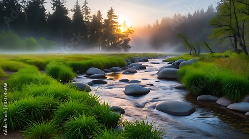 Close-up view of a river in nature with dusk trees and green fresh grass under clear cloudy and foggy sky
