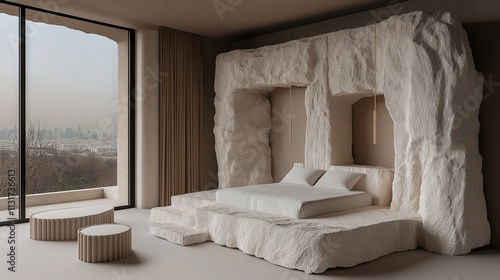 A white bed is made up in a room with a rock wall