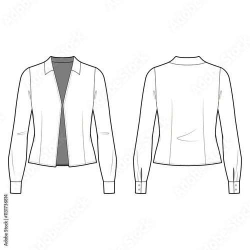 Technical Flat sketch of open front collared blouse. Vector mock up. Deep V-neck top with long sleeves. Woman cropped top with shirt collar, vertical darts. Cuffs, slit, button, tuck, snap, hook eye.