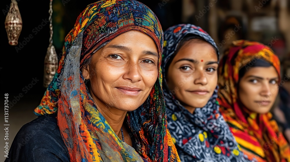 Fototapeta premium Three women wearing colorful scarves and headscarves
