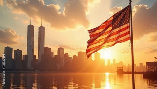 American flag waves gently at sunrise over New York City skyline. Twin Towers memorialized in background. Peaceful, hopeful image reflects on 911. Tribute to victims. Symbol of resilience. Sunrise