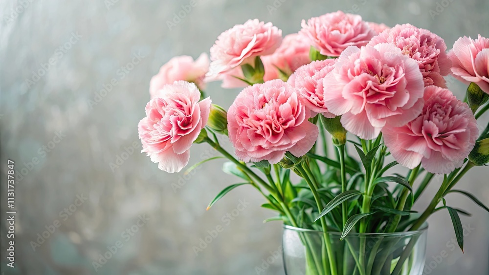Obraz premium Soft pink carnations in a vase with lush green leaves and stems, pink carnations, blossom