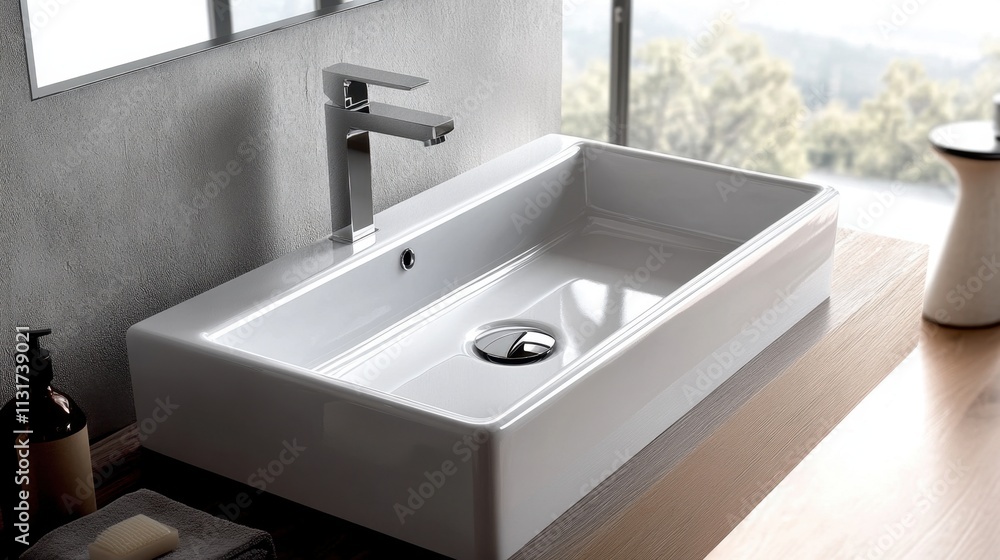 Fototapeta premium Modern Rectangular Bathroom Sink Setup in Bright Space