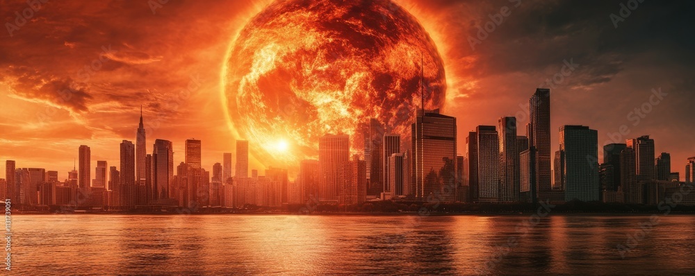Fototapeta premium Global warming concept. dramatic sunset over city skyline, with fiery sun effects