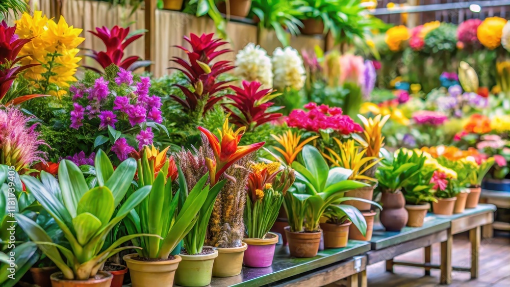 Fototapeta premium Bromeliads and orchids on a display stand at a busy flower market, bromeliads, tropical plants