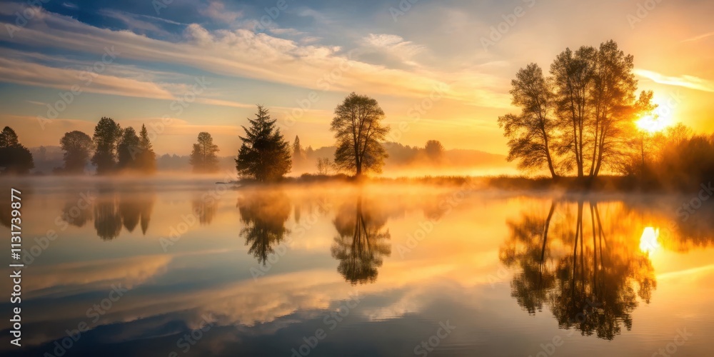 Obraz premium Foggy Sunrise Over a Still Lake with Silhouetted Trees
