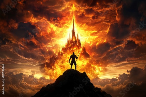 An epic fantasy scene of a hero wielding a flaming sword, standing on a rocky peak overlooking a massive, glowing magical castle in the distance photo