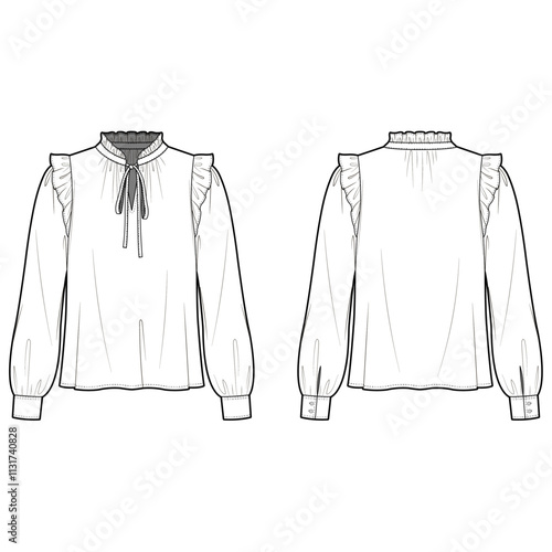 Technical Flat sketch of ruffle detailed blouse. Vector mock up Template. Frill shoulder popover top. Split neck top, Volume sleeves and cuffs. Ribbon tie strap.