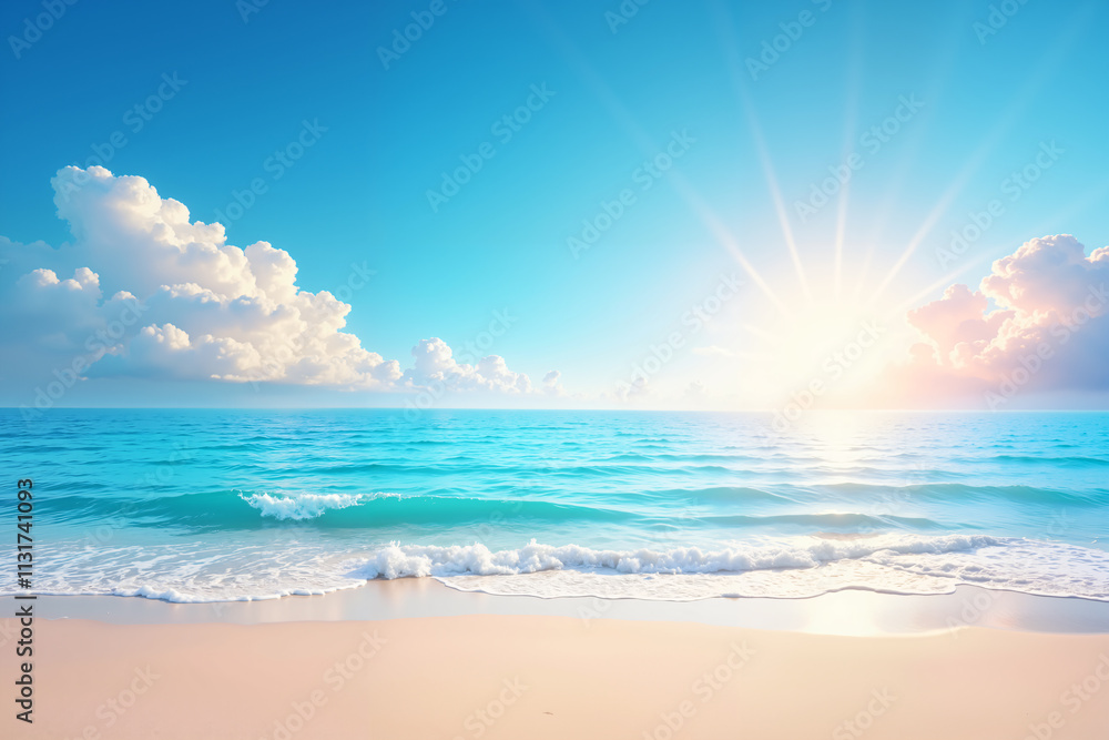 Fototapeta premium A serene beach scene with gentle waves lapping at the shore, under a bright blue sky dotted with fluffy clouds and a radiant sun.
