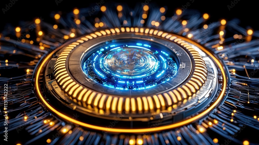 Fototapeta premium A futuristic, glowing circular interface with intricate details and vibrant lights, evoking technology and innovation.