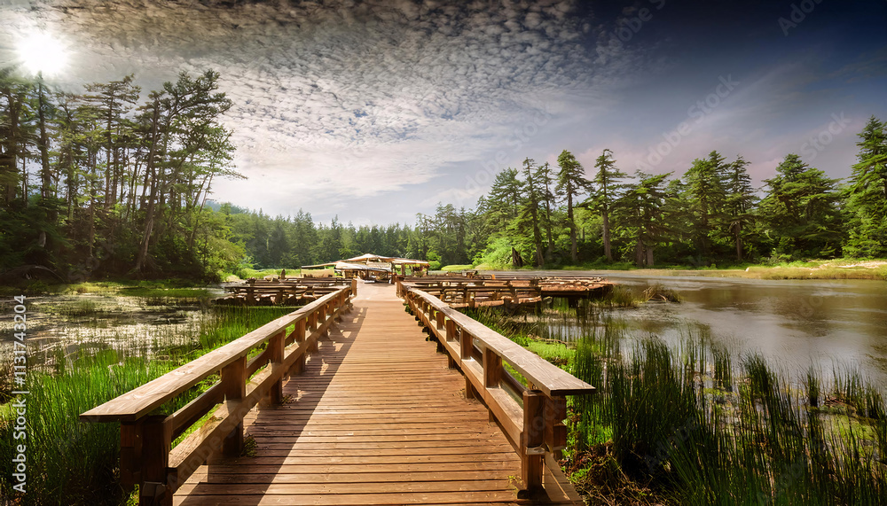 Fototapeta premium A scenic boardwalk leading to a peaceful lake surrounded by lush greenery and towering trees