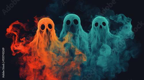 A group of different colored smokes in the shape of a group of three ghost like figures on a black background. Myst. Illustration photo