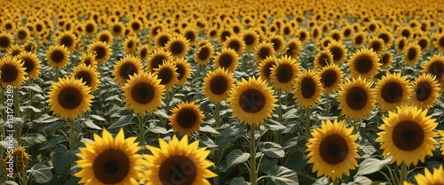 A sea of amber-colored sunflowers stretching out as far as the eye can see , rural, sunny day photo