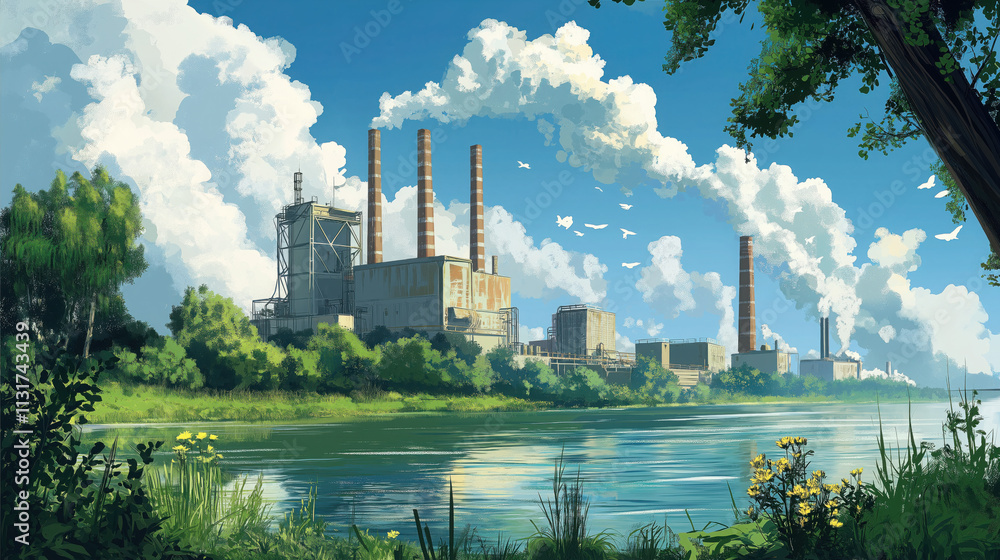 Obraz premium Modern Factory by the River: A Symbol of Industrial Progress and Sustainability with Smokestacks and Greenery