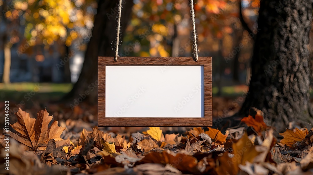 custom made wallpaper toronto digitalA blank wooden sign hangs among vibrant autumn leaves in a tranquil park setting.