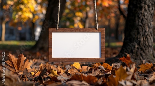 Wallpaper Mural A blank wooden sign hangs among vibrant autumn leaves in a tranquil park setting. Torontodigital.ca