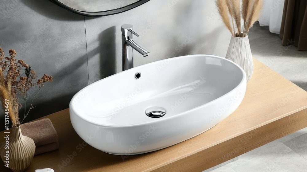Fototapeta premium Modern Sleek White Ceramic Sink with Wall Mount