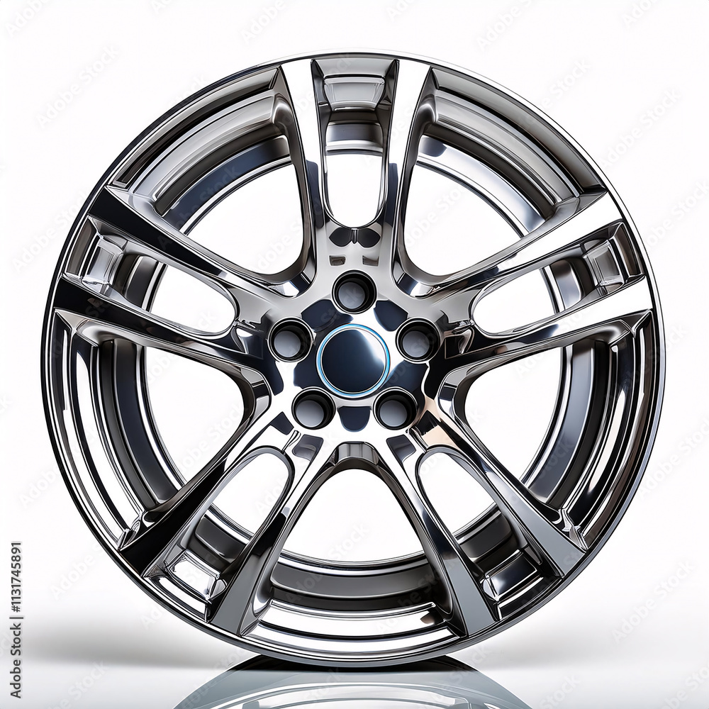 Obraz premium A shiny chrome alloy wheel with a multi-spoke design, reflecting light against a white background