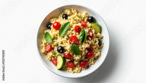 Mediterranean orzo salad in white bowl. Fresh vegetables like cherry tomatoes, zucchini mixed with orzo pasta. Healthy food, delicious dish. Colorful, appealing food photo suitable for healthy food photo