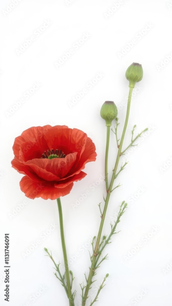Obraz premium Vibrant red poppy flower with delicate petals on a clean white background, vibrant