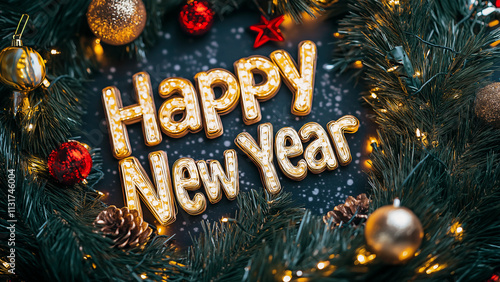 festive wreath with the words "Happy New Year"