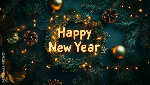 festive wreath with the words "Happy New Year"