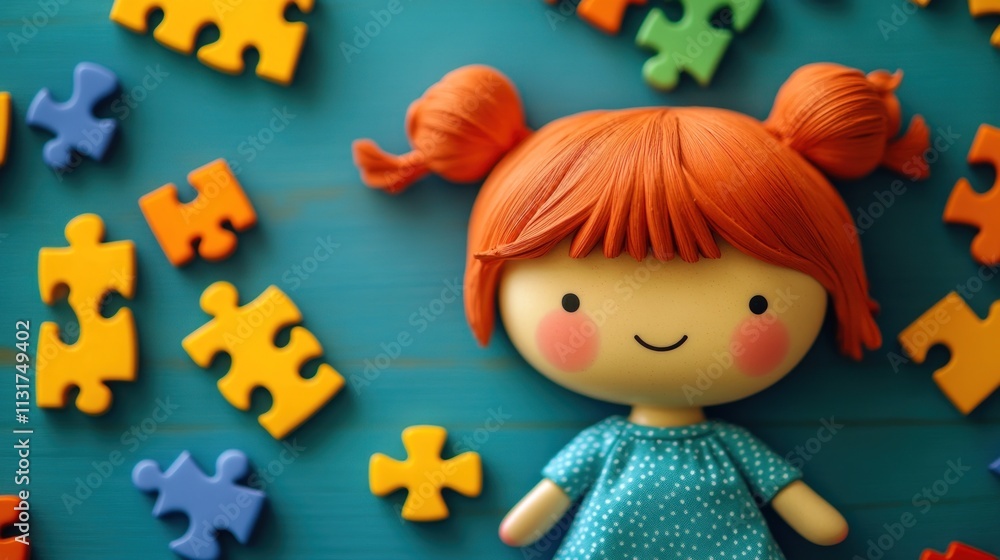 Fototapeta premium Smiling, child-like doll, with pigtails, surrounded by colorful puzzle pieces on a teal background.