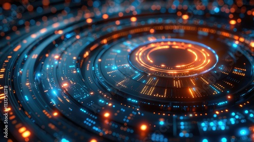 Wallpaper Mural Futuristic technological interface with concentric circles, glowing orange and blue lights, complex circuit board design. Torontodigital.ca