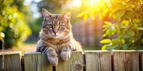 cat sitting on a wooden fence with paws curled over the top and whiskers twitching in a sunny backyard setting, adventure, animal photo