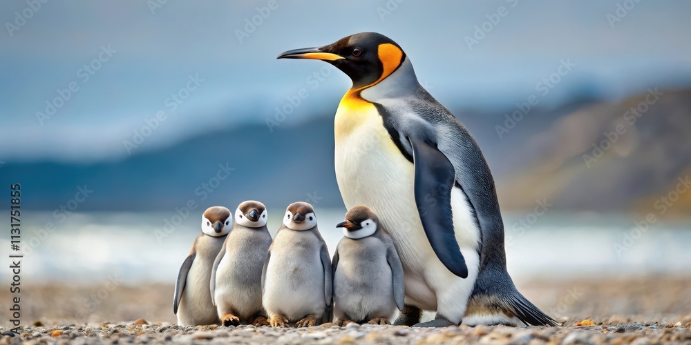Fototapeta premium Mother Penguin Protecting Her Chicks, mother penguin, penguin family, bird parenting