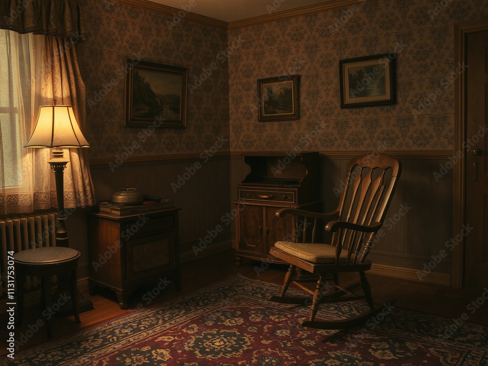 Fototapeta premium A cozy 1940s living room with warm, muted lighting, featuring a wooden rocking chair, a vintage record player, patterned wallpaper, and an ornate rug. Dust particles float in the air, creating a nost
