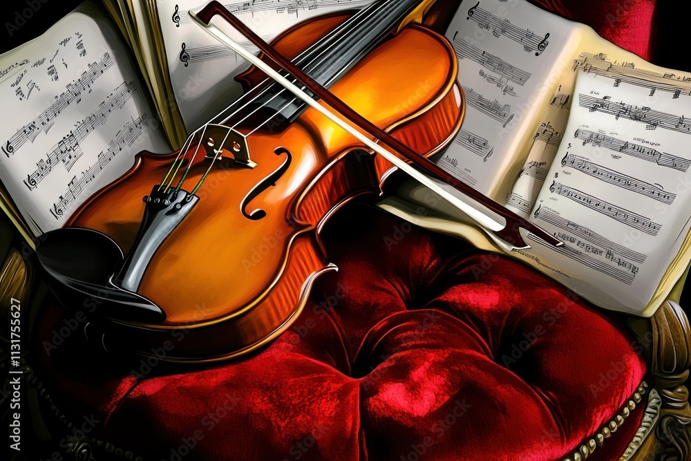 Naklejka premium A violin rests on a plush chair surrounded by sheet music, symbolizing musical artistry.