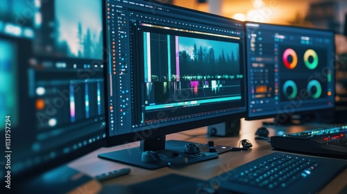 Wallpaper Mural Video editing workstation with three monitors displaying footage and color correction. Torontodigital.ca