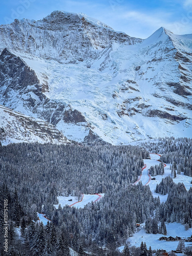 Obraz na płótnie Scenic view of snowcovered Jungfrau (left) and Silberhorn mountain above Lauberhorn ski racing downhill slope in Wengen, Switzerland against blue sky w salonie