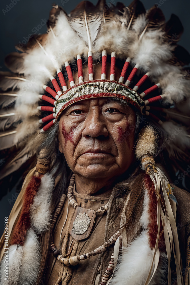 Obraz premium Native American Chieftain Head Feathers Portrait