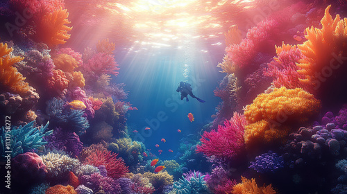 Wallpaper Mural A beautiful coral reef with colorful corals and fish, a scuba diver swimming in the background Torontodigital.ca