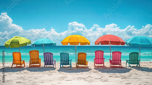 Colorful beach chairs and umbrellas on the sand by the Caribbean Sea, a sunny day with a blue sky