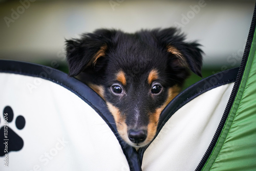 A cute Shetland Sheepdog puppy peeks out from behind a soft pet tent, showcasing its adorable face and sparkling eyes full of curiosity. photo