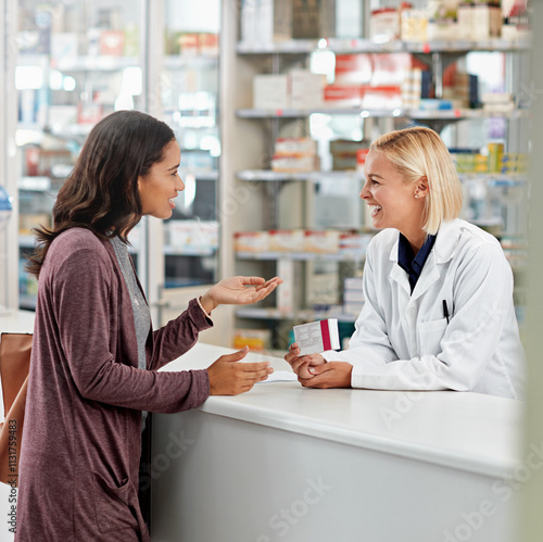 Woman, pharmacist and advice in pharmacy with box, medication or pill recommendation. Happy customer, healthcare or chemist at counter for pharmaceutical, expert opinion and friendly chat for service photo