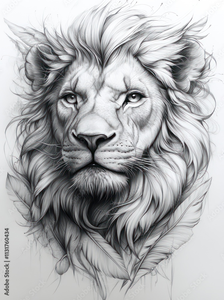 Obraz premium Majestic lion head sketch with feathers.