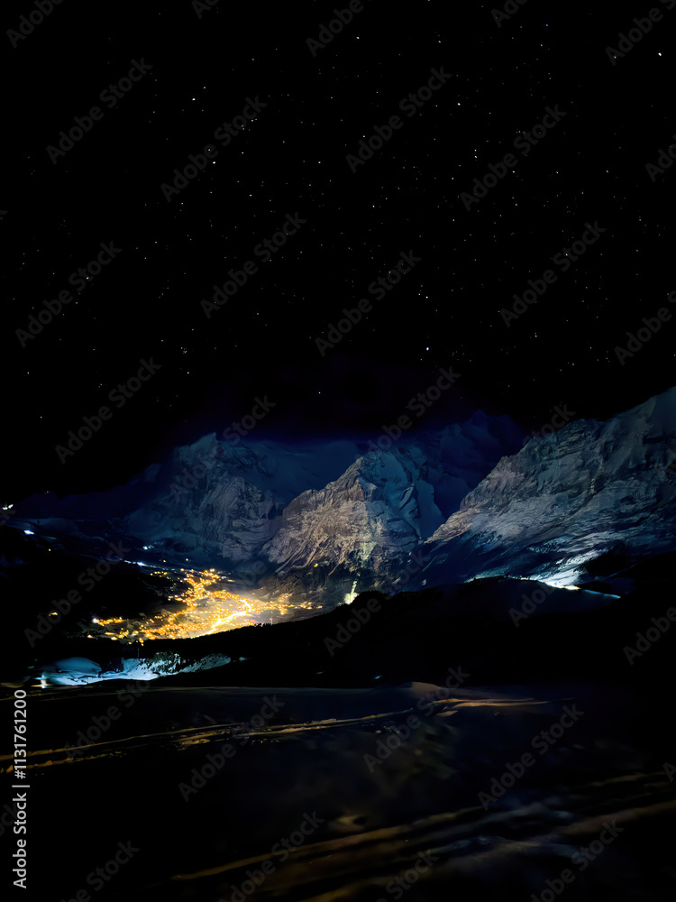 Panoramic view of illuminated Grindelwald at night seen from Maennlichen in winter against sky full of stars