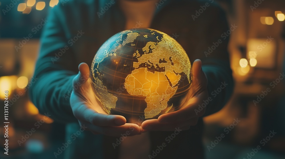 Fototapeta premium Person Gently Holding Illuminated Global Sphere