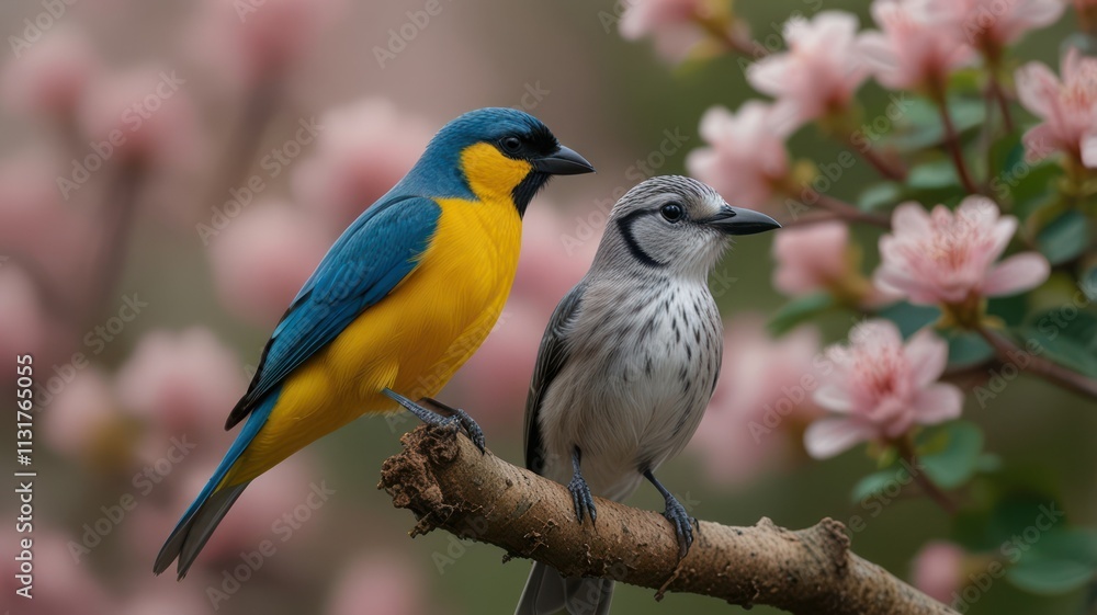 Obraz premium Two vibrant birds perched on a branch amidst blooming flowers.