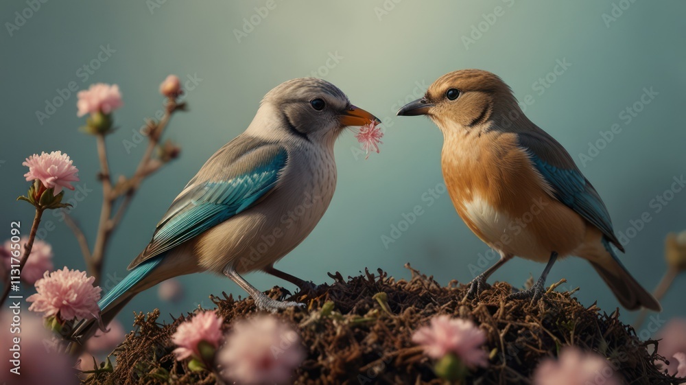 Fototapeta premium Two birds sharing a flower on a nest.