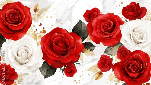 Vibrant red and white roses, artistic floral pattern, lush petals, delicate leaves, golden accents, elegant design