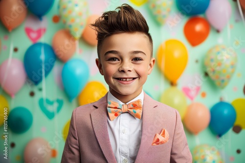 Portrait of a cute little boy in a suit and bow tie on a birthday party. photo