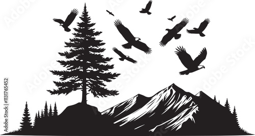 A solitary pine tree on a mountain peak with eagles soaring in the sky vector silhouette