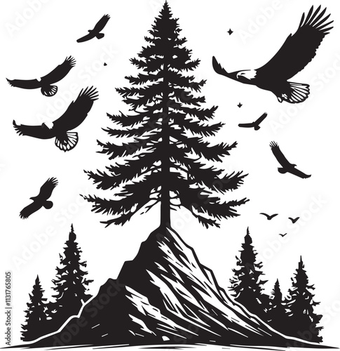 A solitary pine tree on a mountain peak with eagles soaring in the sky vector silhouette